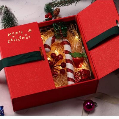 Ribbon High-end Christmas gift box factory can customize size carton red black ribbon