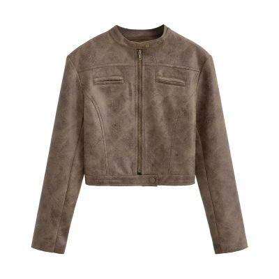 American INS High Street Retro Short Slim Motorcycle Jacket for Women in 2025 Autumn Vintage Color Leather Jacket and Suede Jacket photo-2