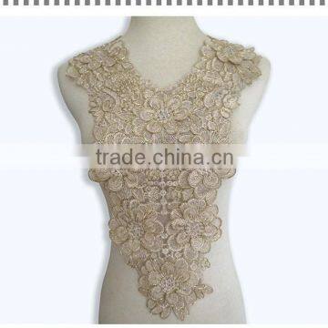 embroidered Gold Metallic Polyester Flower Lace Neckline Collar Patches Sew on Applique                        
                                                Quality Choice