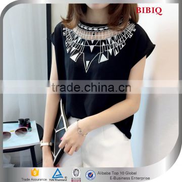 Latest Short Sleeves Hollow-out Embroidery Black Chiffon Blouse 2015