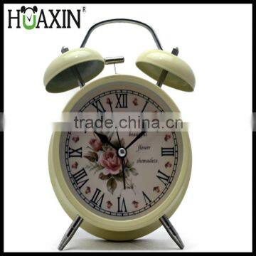 Cream Metal Flower Leaf Twin Bell Desk Table Alarm Clock