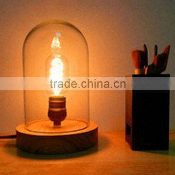 Wooden Base Cloche Table Lights with Edison Filament Lighting Bulbs