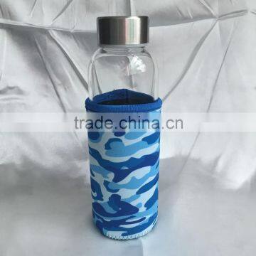 High Borosilicate Glass Water Bottle with blue camouflage printing neoprene Sleeve