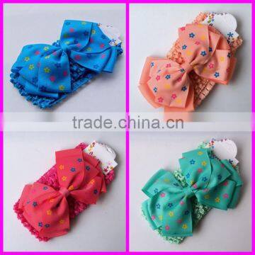 2014 Hot Sell Flower Printed Big Bowknot Elastic Baby Headband Wholesale