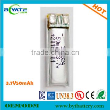 New Arrival Narrow 370824 3.7v40mah polymer battery for bluetooth headphone