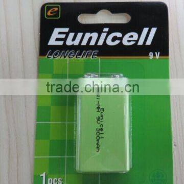 Eunicell Long Life High Quality NI-MH 9V Rechargeable Battery for Microphone /toy /multimeter /remote Control Car
