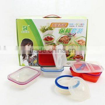 5pcs collapsible mircoware safe high quality round food storage set ,silicone fresh container set,picnic silicone box set