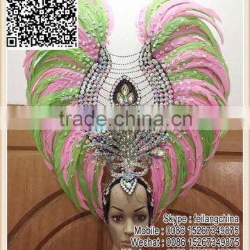 Samba Party Large Green Pink Rooster Feather Headdress Headpiece                        
                                                Quality Choice