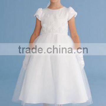 A-Line/Princess Scoop Neck cap sleeves Ankle-Length Organza Flower Girl Dress With Bow(s) Cascading Ruffles