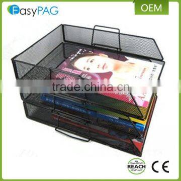 High quality black 3 tier mesh office desk supplies magazine rack organizer