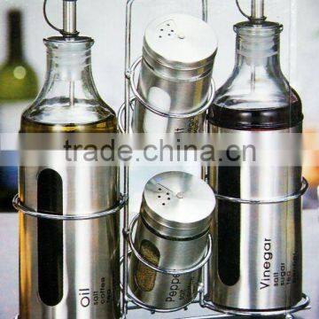 shining stainless steel coated glass cruet with metal rack