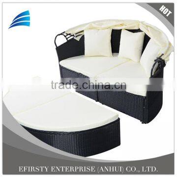 Outdoor Patio Wicker Rattan Sofa Furniture Round Retractable Canopy Daybed Black photo-6