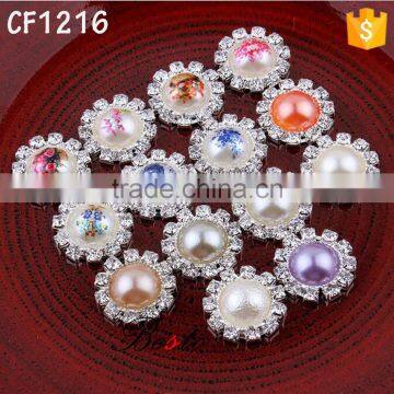 2016 Top fashion flower printed rhinestone around pearl button