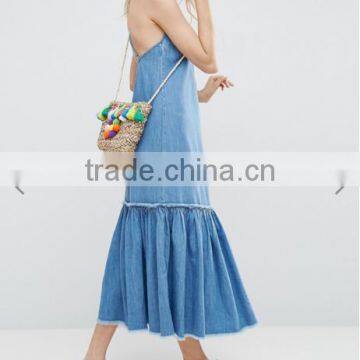 cheap clothing summer Cross Back casual Blue Wash long denim dresses