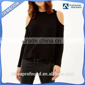 Autumn clothes wholesale custom long sleeve off the shoulder lady black t-shirt