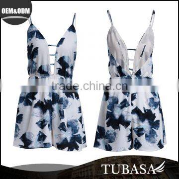 2017 women chiffon floral jumpsuit, women's cut out romper loose playsuit