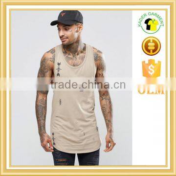 long line singlets men 95% cotton 5% elastane tank top curved hem vest