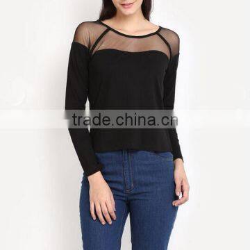 Two-color Long Sleeve T-shirt Skin Tight t Shirt With Net Design photo-2