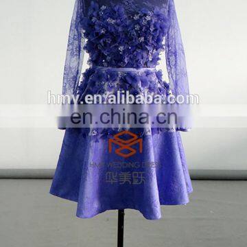 Organza Petals Lace Prom Dress HMY-D107 New Arrival Long Sleeve High Neck Purple Homecoming Dress