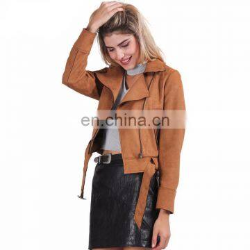 2016 Suede leather short belted jacket ladies fashionable front zipper jacket