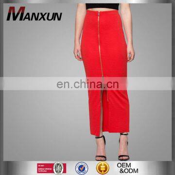 Ribbed zip front red elegant long maxi skirt