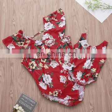 2019 summer new red flower print kids cloud ruffle swimwear off shoulder one piece baby girl swimsuit