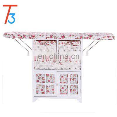 home furniture ironing board foldable wooden cabinet with wicker drawer