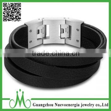 Wide Multilayer PU Black Leather Cuff Wristband Stainless Steel Fashion Mens Bracelet