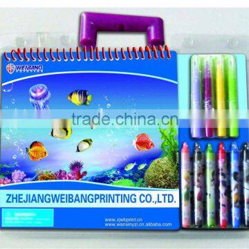 2014 hot selling new design &cartoon kids color filling book with pen