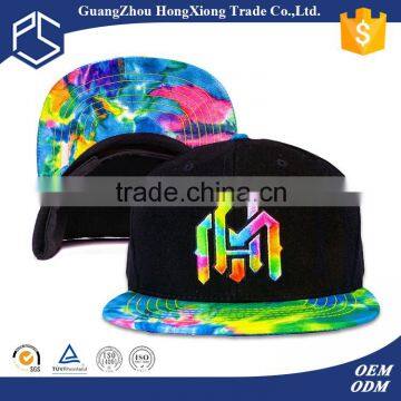 Design your own tie dyed 3d embroidery short brim snapback hat