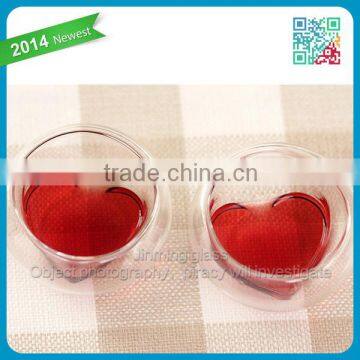 Hot sale man blown promotion tableware cute borosilicate glass heart shaped double wall Cup