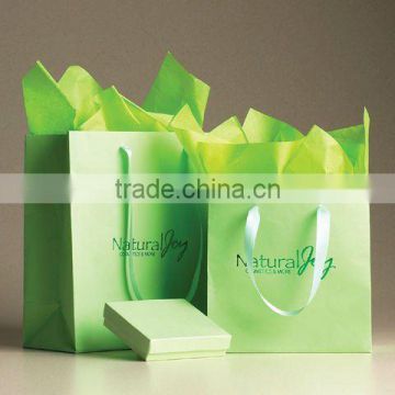 Green color art Paper eco bag, recycled bag, recycle paper bag, eco shopping bag with green ribbon handle and hot stamping logo