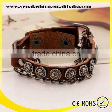 skull chain thick women leather bracelet, blank leather bracelets