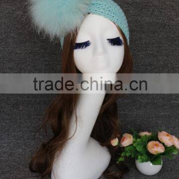 Hot sale Fashion Knit Headband Pattern Raccoon Fur Pompom for stylelish lady