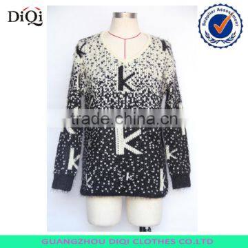 V-neck long sleeve jacquard jumpers for women