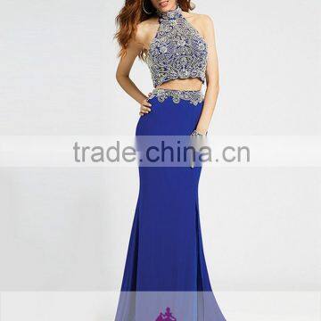 AR-115 Vestido De Sereia Colorful Halter Crystal Bling Mermaid Royal And Blue 2 Piece Prom Dress 2016