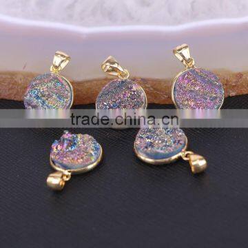 Titanium AB Agate Quartz Stone Pendants, Gold Plated Round Rainbow Gem stone Druzy Pendant