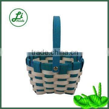 blue wooden gift basket with handle