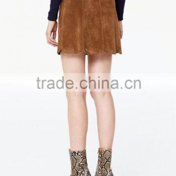 2016 Latest Design Autumn Suede Leather Skirts, Petal Shape Hem Girls Sexy Mini Skirt