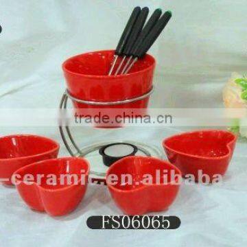 red fondue set chocolate,cheese fondue set,fondue set with wooden base,chocolate fondue ceramic