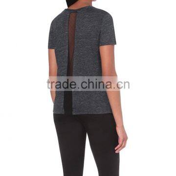 Wholesale Women Round Neck Short Sleeves Polka Dot Sheer Panel Linen T-shirt(DQE0153T) photo-3