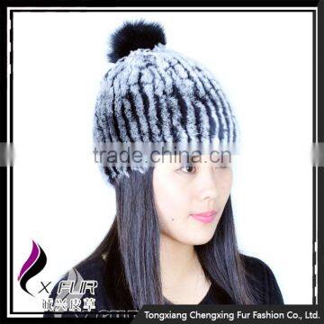 CX-C-58B High Quality Knit Beanie Hat Pom Pom Custom Style Rex Rabbit Fur Knitted Hats