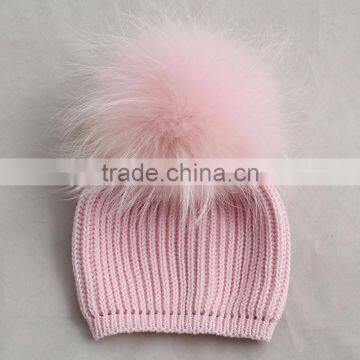 Myfur Wool Knitting Hat with Removable Pink Color Raccoon Fur Pom Pom Attached