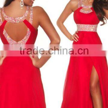 2015 New Arrival Prom Dresses A Line Scoop Sweep/Brush Train Chiffon Red Evening Dresses With Slit photo-2