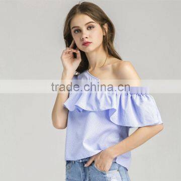 HOT Style Plaid Flouncing Short Sleeve, Women Sexy One-shoulder Blouse photo-3