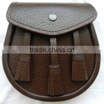 New Scottish Brown Three Tassel Leather Sporran For Kilt With Chain Belt photo-2