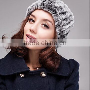 YR396 Hot Sale Real Rex Rabbit Fur Hand Knitted Beanie with pom pom and Snood two way