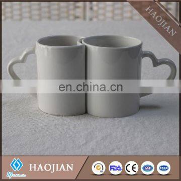 11oz white sublimation ceramic couple mug with heart shape handle