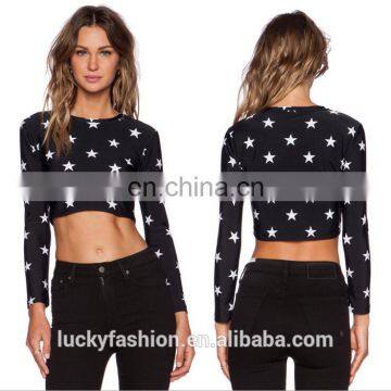 Oem Women Polyester Spandex Plain Long Sleeve O-neck t Shirt With Five Star Print