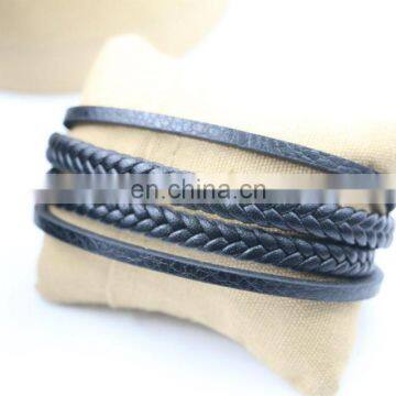 Custom magnetic clasp leather wrap charm bracelet, 2017 Custom Mens Wholesale Black Braided Leather rope wrap Bracelet